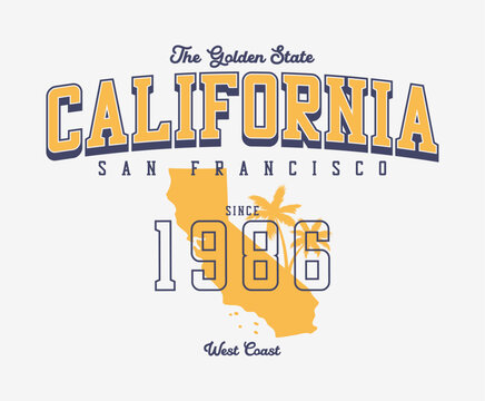 T-shirt design with palm trees and California state map. Vintage t shirt design. Retro summer print for clothing. Vector.