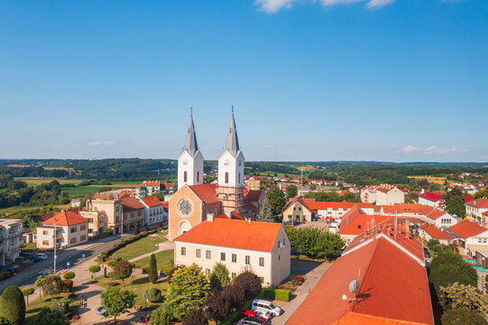 Aerial view church of St. Mary Magdalene in town of Cazma, Moslavina, Croatia
