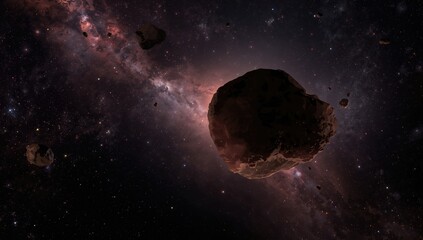 Asteroid Belt Surrounded by Stars in Deep Space with Nebula Background © vxnaghiyev