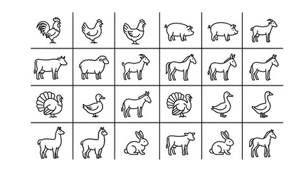 Fototapeta premium Educational pattern recognition worksheet for kids featuring farm animal icons in a grid layout for preschool learning and logic training with black and white line art style