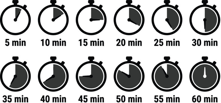 Stopwatch countdown timer vector icon set showing minutes intervals from five to sixty for cooking and training interval tracking
