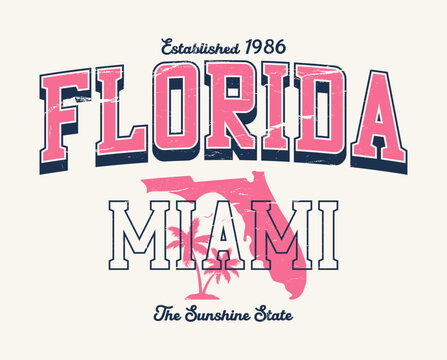 Miami t-shirt design with palm trees and Florida state map. Vintage t shirt design. Retro summer print with grunge. Vector.