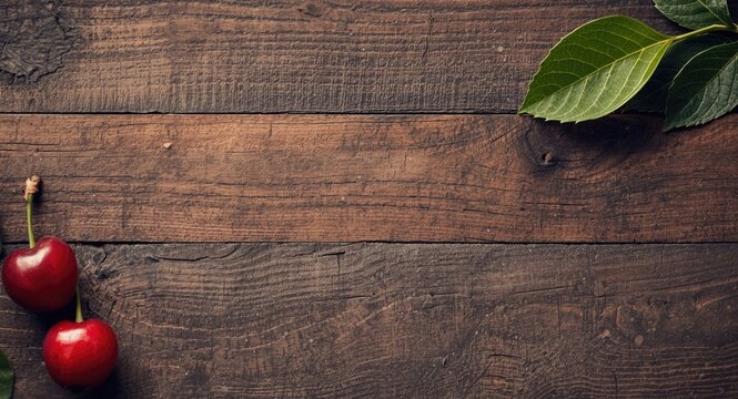 Fresh Cherries on Rustic Wooden Table - Top View, Natural Light, Organic Feel