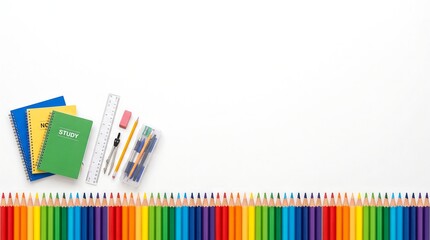 Fototapeta premium Colorful pencils and school supplies on white background.