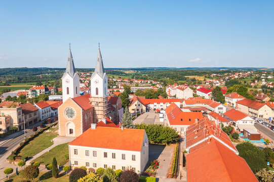 Aerial view church of St. Mary Magdalene in town of Cazma, Moslavina, Croatia
