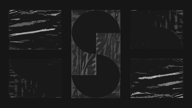 Dark grunge textures three panels of black and gray distressed surfaces with abstract shapes background color texture