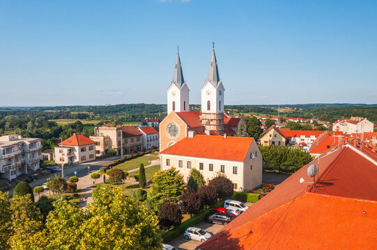 Aerial view church of St. Mary Magdalene in town of Cazma, Moslavina, Croatia
