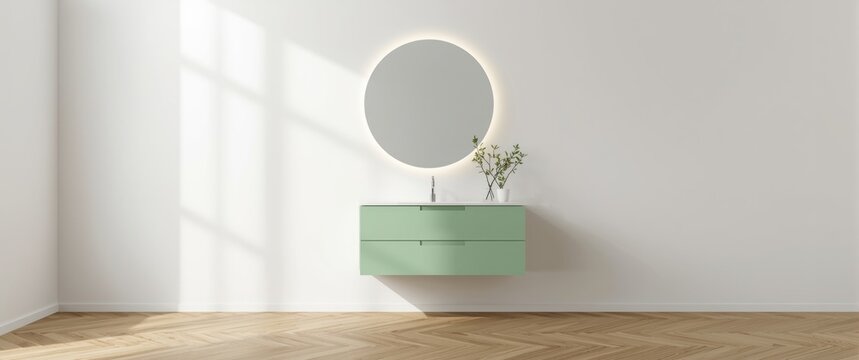 Mint green bathroom cabinet with round mirror on white wall