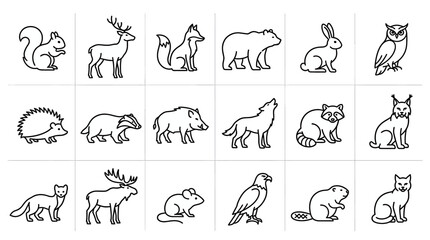 Obraz premium Collection of Minimalist Line Art Icons Featuring Various Forest Animals and Wildlife Creatures including Squirrel, Deer, Fox, Bear, Owl, Hedgehog, Raccoon, and Wolf in Black and White Set