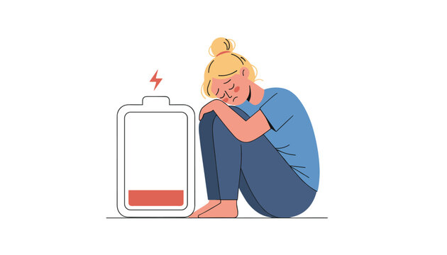 Tired young woman sitting on the floor beside a low battery icon illustrating feelings of burnout and mental exhaustion.