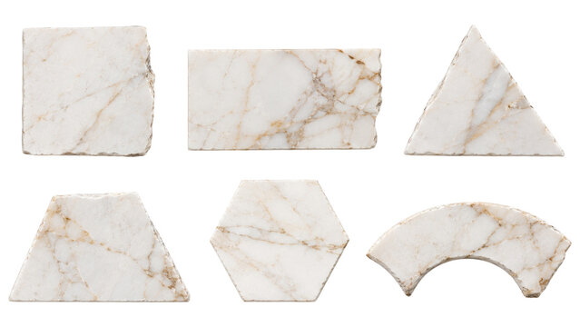 Set of six white marble tile shapes with beige veining displayed on a clean transparent background