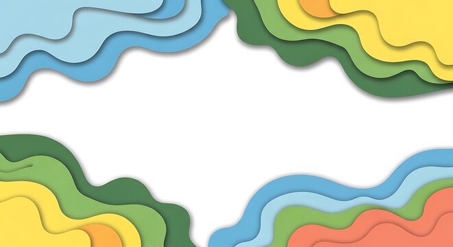 Colorful layered paper cut style background with abstract wavy lines and copy space