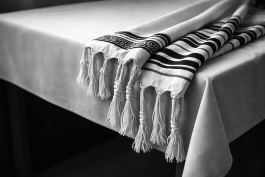 Tallit Hanging Over a Table in Black and White