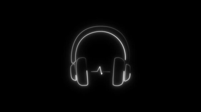 Glowing White Neon Headphones Icon with Soundwave Audio Equalizer Line on Dark Background for Music and D j Concept