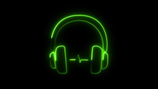 Glowing Green Neon Headphones Icon with Soundwave Audio Equalizer Line on Dark Background for Music and D j Concept