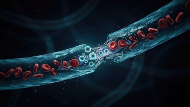 Cinematic 3D illustration of red blood cells flowing through a blood vessel with a constriction or clot
