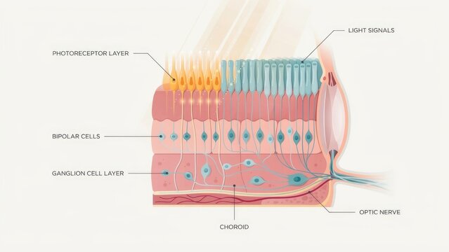 Human retina anatomy diagram showing labeled layers and cell structures