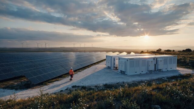 Renewable energy farm with solar panels wind turbines and battery storage at sunset