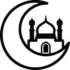 Black crescent moon framing a mosque with domes and minarets islam ramadan © SUMAIA