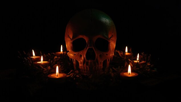 Decorative Skull Surrounded by Candles in Dim Light with Green and Orange Tones