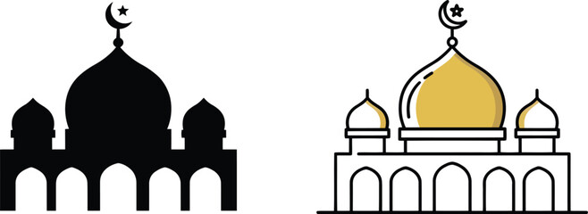 Black silhouette and golden dome mosque with crescent moon and star islam religion architecture © SUMAIA