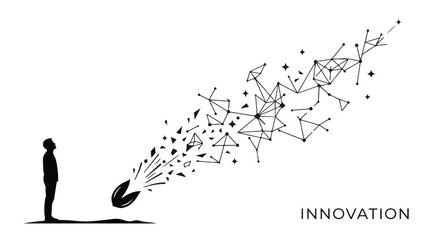 Fototapeta premium Silhouette of a person looking up at a stream of abstract geometric shapes and lines transforming into a network, symbolizing innovation and ideas.