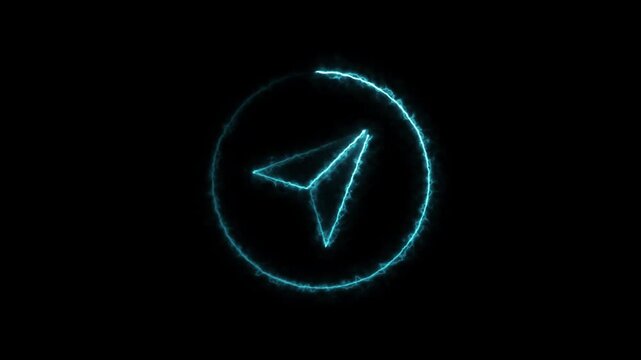 Glowing Cyan Neon Paper Plane Icon in Circle on Dark Background for Send, Navigation, and Message Concept