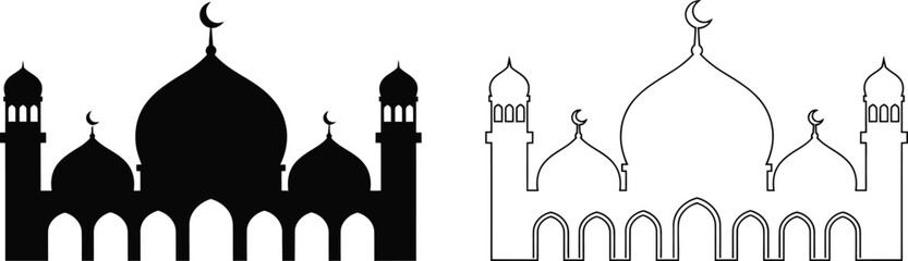 Black silhouette and white outline of a mosque with domes and minarets Islamic architecture © SUMAIA