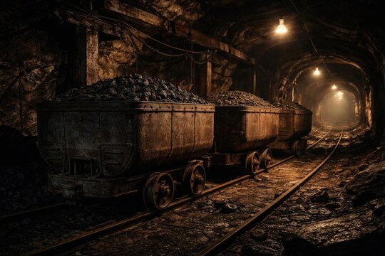 Abandoned Mine Cars Filled with Coal in Dimly Lit Tunnel