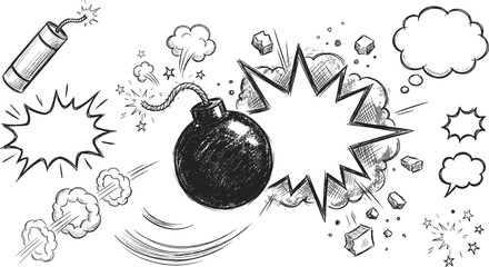 Hand Drawn Comic Style Explosion Element Set Featuring Vintage Sketch Bomb Dynamite Blast Stars Speech Bubbles Smoke Clouds and Debris Vector Illustration © Miss