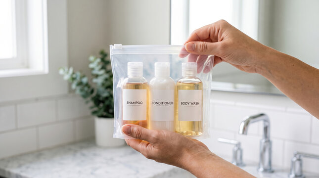 Pack travel-sized shampoo, conditioner, and body wash into a clear pouch.