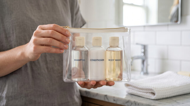 Pack travel-sized shampoo, conditioner, and body wash into a clear pouch.