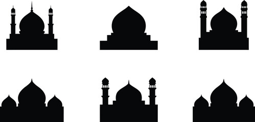 Six black silhouette mosque architectural with domes and minarets Islamic architecture © SUMAIA