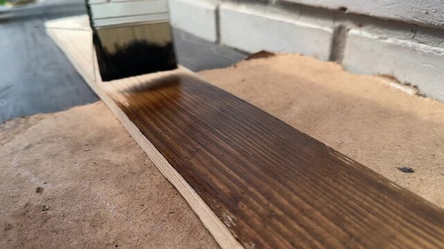 Varnishing a Sanded Wooden Board with a Brush. High quality 4k footage