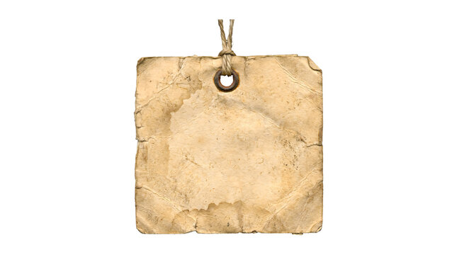 Square shaped vintage paper tag with weathered edges and brown water stains, attached to a thick rustic twine string, isolated on a white background, for product labeling