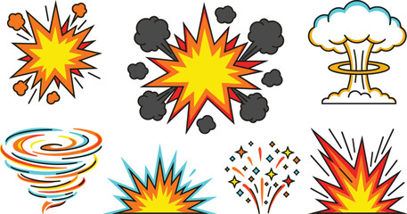 Explosion and Blast Effect Flat Icon Set Featuring Comic Style Detonation Nuclear Mushroom Cloud Smoke Clouds Swirl Tornado and Fireworks Sparks Vector Illustration © Miss