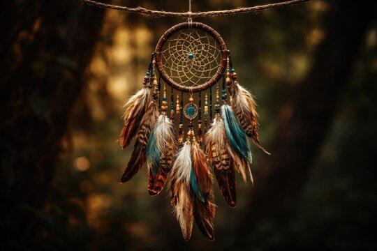Dreamcatcher Hanging in a Forest with Colorful Feathers and Beads