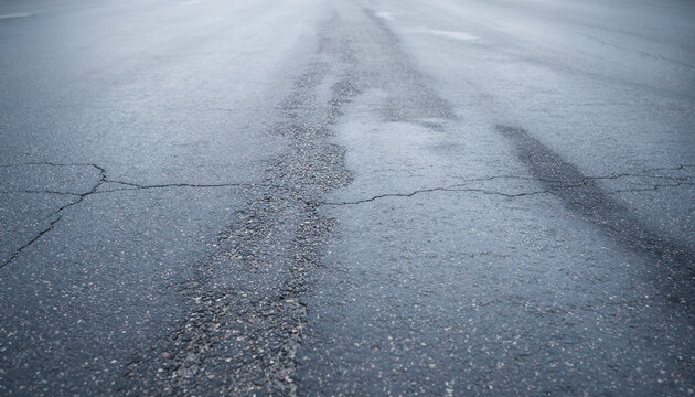 Close-up view of a worn and cracked asphalt road surface with visible patches and tire marks, indicating deterioration and the need for repair.