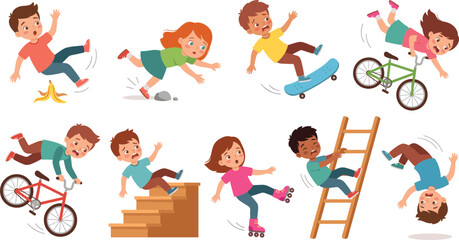 Cute cartoon children falling down set with kids tripping slipping stumbling from bicycle skateboard stairs ladder and banana peel isolated vector illustration © Rumi