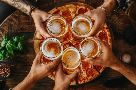 Top View of Diverse Group of Friends Clinking Beer Glasses in a Toast over a Pepperoni Pizza on a Rustic Wooden Table, Social Celebration and Gathering at a Bar or Pub Restaurant Concept