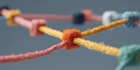 Fototapeta premium Abstract colorful interconnected cords forming a network pattern on a gray background. The cords are tied together with knots and beads, symbolizing connection and collaboration