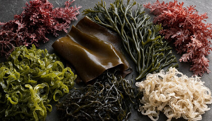 Assortment of fresh edible seaweeds including green, red, and brown varieties arranged on a dark stone surface for culinary preparation close up © Bolod