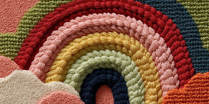 A vibrant, textured rainbow crafted from colorful yarn, set against soft, fluffy cloud-like elements. The intricate stitching creates a unique, handmade feel, evoking a sense of warmth and creativity