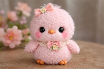 Fototapeta premium Cute Pink Plush Bird with Bow - Soft Fabric Details, Floral Background, Adorable and Whimsical