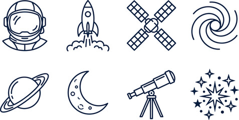Astronomy and Space Exploration Line Icon Set Featuring Astronaut Helmet, Rocket Launch, Satellite, Spiral Galaxy, Saturn Planet, Crescent Moon, Telescope, and Stars © Miss