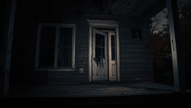 Abandoned House Entrance with Dim Light and Weathered Wood at Night