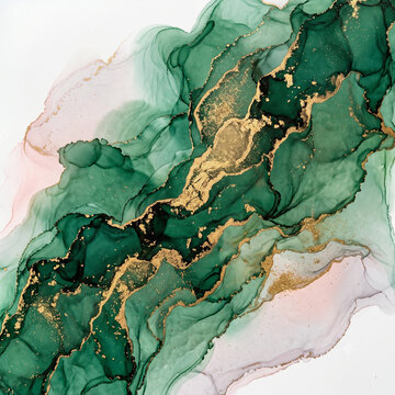 Emerald green alcohol ink marble background with luxury fluid gold veins