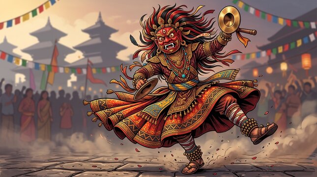 Lakhey Traditional Nepal Festival Dance Vector Illustration, Newari Cultural Character Design
