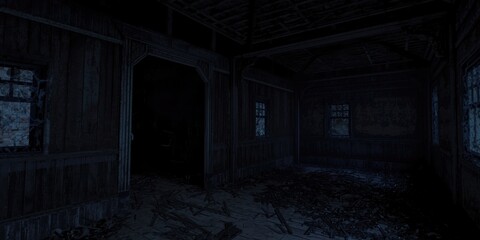Abandoned Dark Room with Wooden Walls and Dim Natural Light © vxnaghiyev