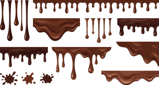 Collection of liquid chocolate drips borders splatters and flowing dark syrup vector illustrations isolated on a white background for bakery and dessert designs.